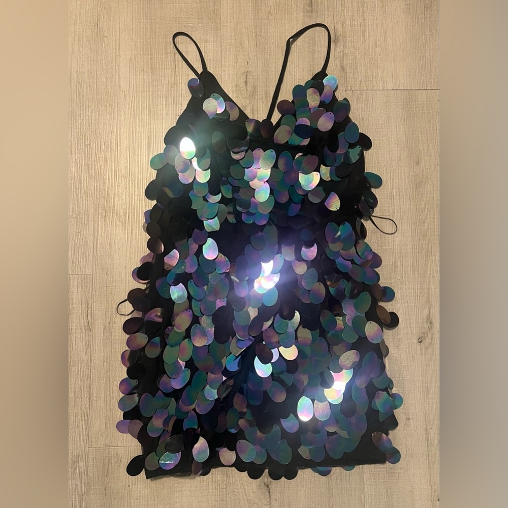 Black and Purple Sequin Dress with Iridescent Accents